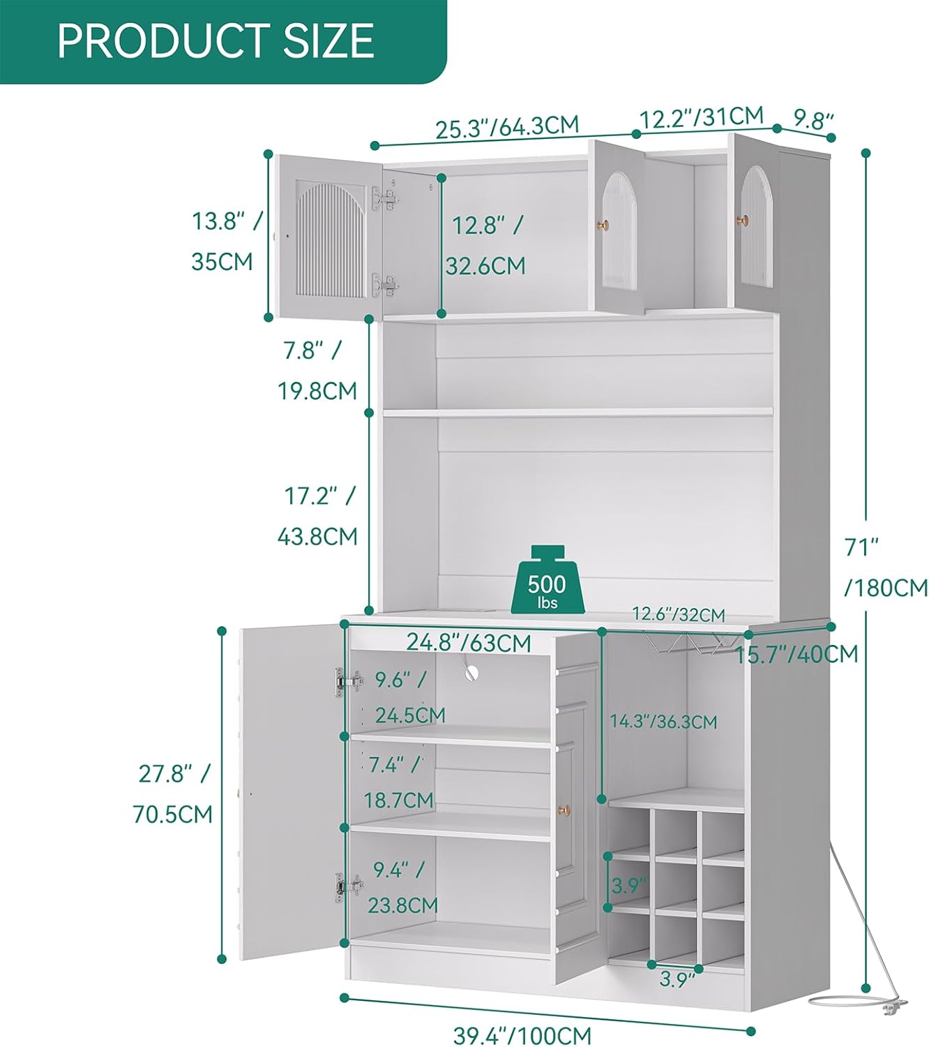 White 71" Tall Freestanding Kitchen Pantry Cabinet with Microwave Stand & Power Outlet J7364