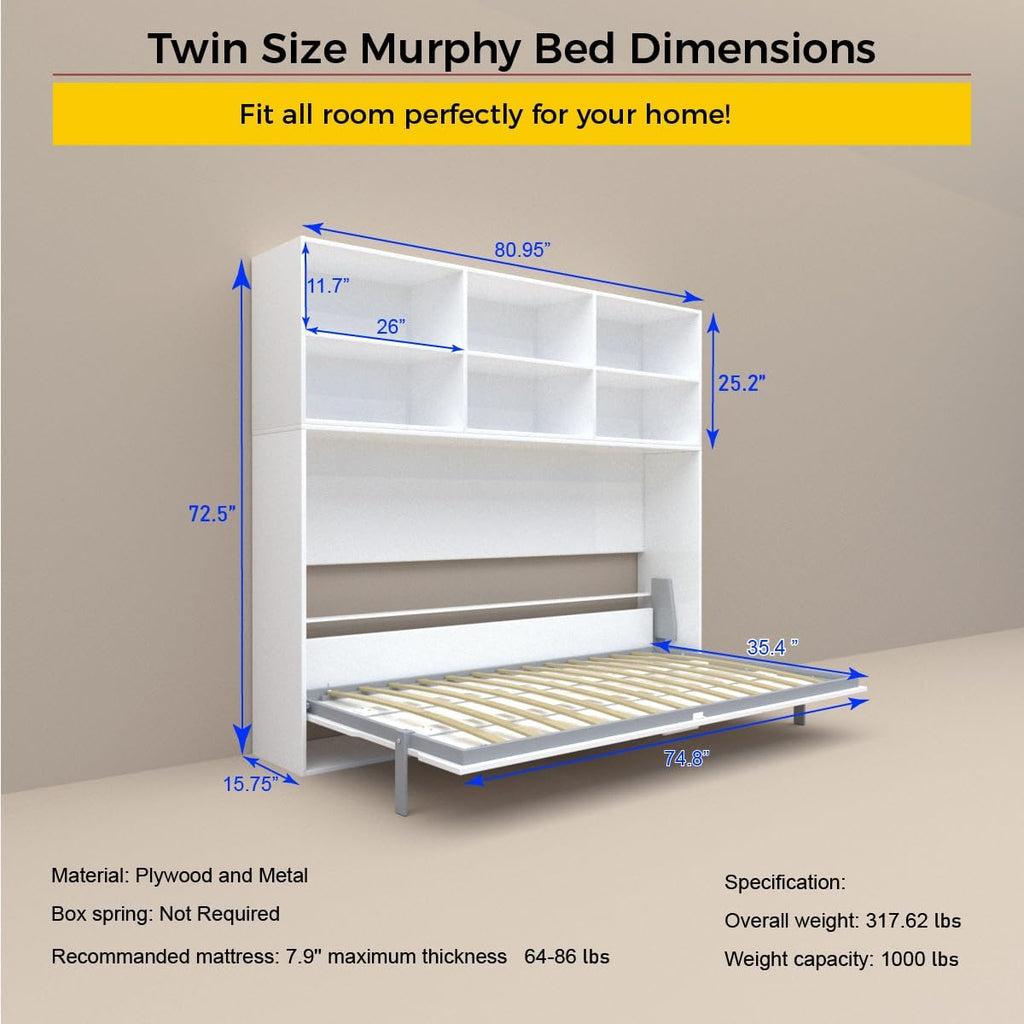 White Twin Size Wall Bedframe with Six Storage Shelf B62002