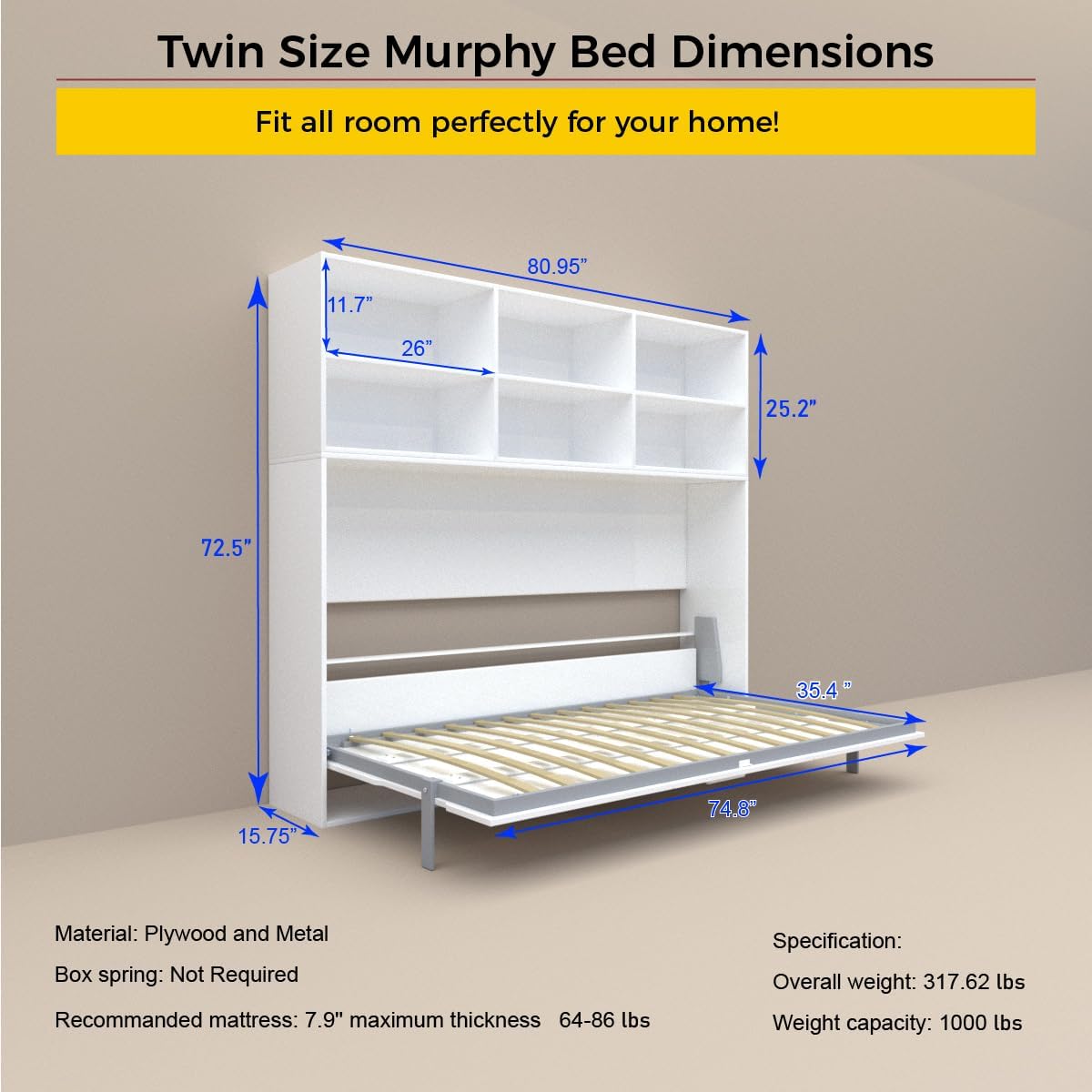 White Twin Size Wall Bedframe with Six Storage Shelf B62002