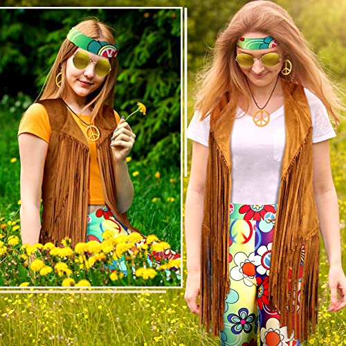 7 Pcs Hippie Costume Set with Flared Pants Fringe Vest Peace Sign Accessories W832630