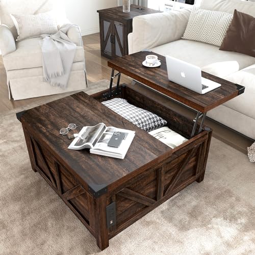 Brown Wood Lift Top Coffee Table with Storage and USB Port R611