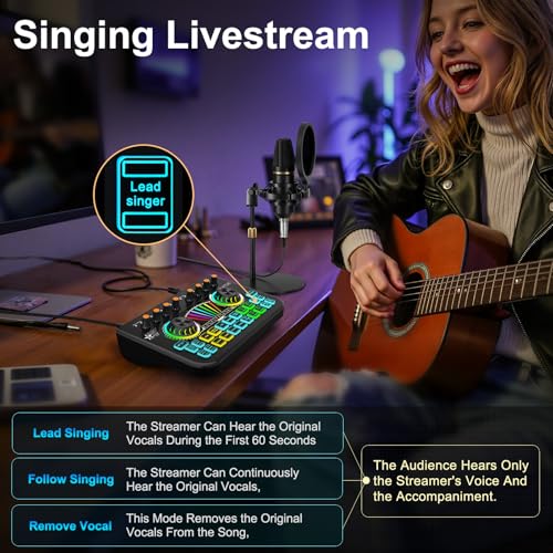 Podcast Microphone Bundle with Live Sound Card Audio Mixer, 3.5mm Condenser Microphone, Sound Board with Voice Changer H6673