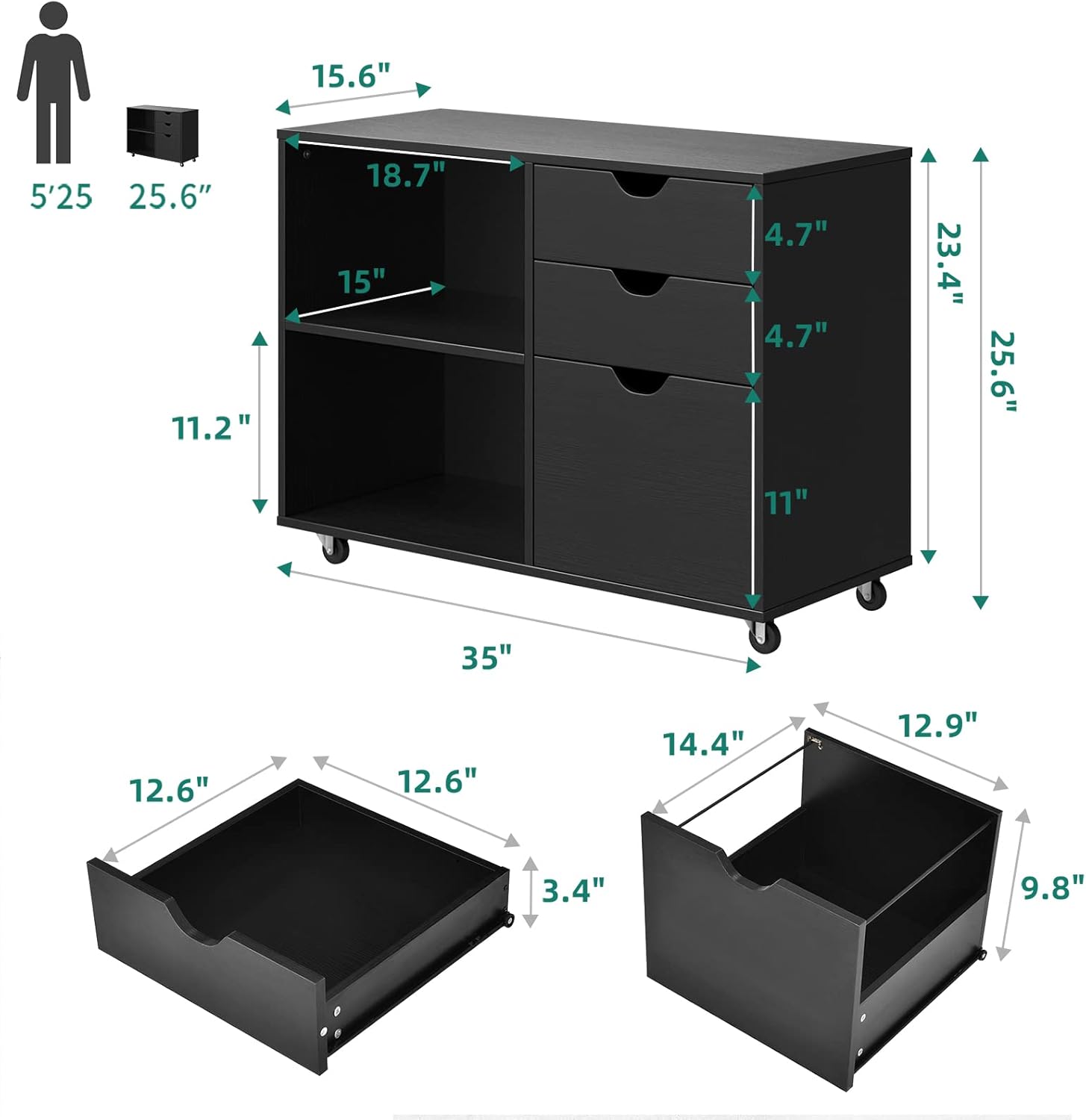 Black 3 Drawer Wood File Cabinet Z655458
