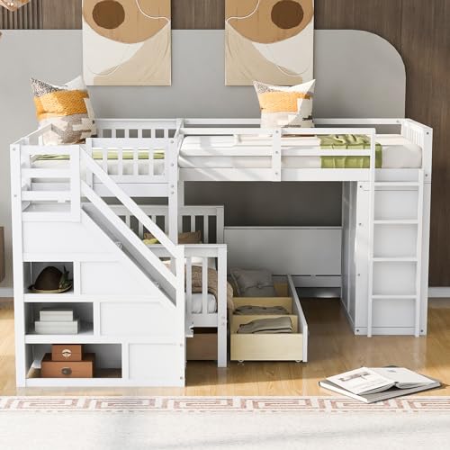 Espresso Wood Twin-Over-Full Triple Bunk Beds with Stairs, Desk, Wardrobe, Storage, Shelves and Drawers Z821