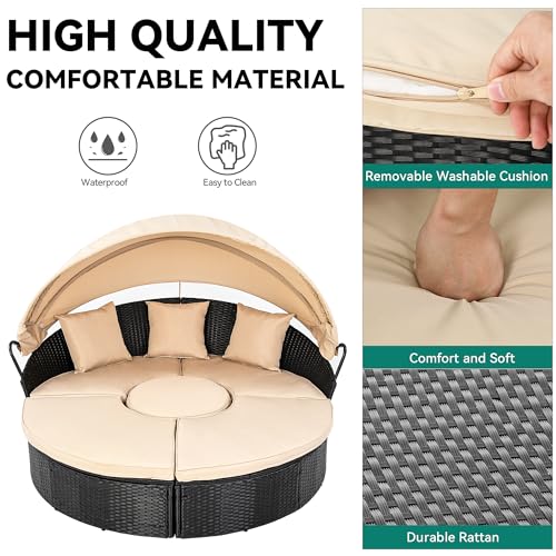 Light Brown Beige Outdoor Wicker Daybed with Retractable Canopy D523539