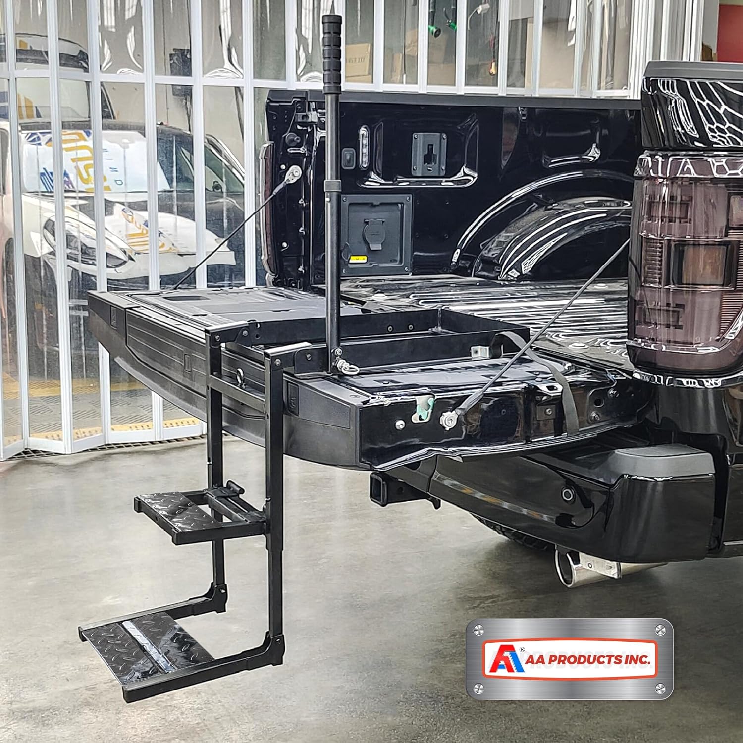 Foldable Retractable Truck Tailgate Step with Telescopic Handrail, Capacity 300 lb D725042