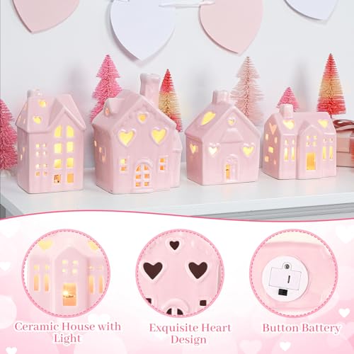 12 Pcs Pink Ceramic Village Decorations with Lighted House Figurines and Mini Pine Trees W3828