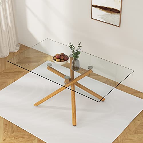 63 Inch Glass Dining Table with Tempered Glass Top and Silver Metal Legs C249