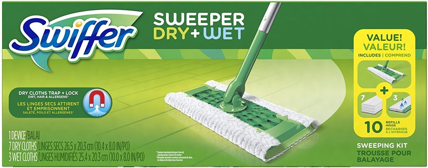 Swiffer Sweeper Dry and Wet Mop Starter Kit, 1 Mop, 7 Dry Cloths, 3 Wet Cloths R816