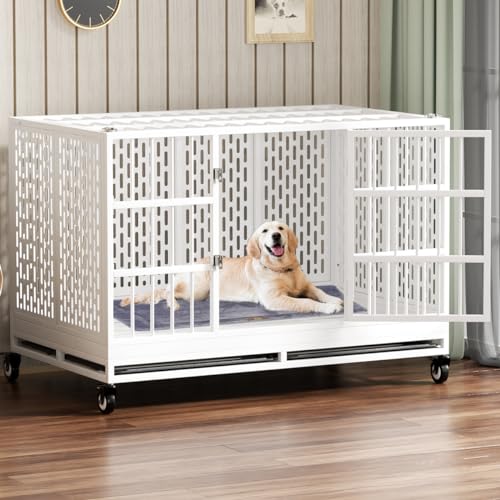 48 Inch Heavy Duty Metal Dog Crate with Wheels, Folding, Removable Tray I424