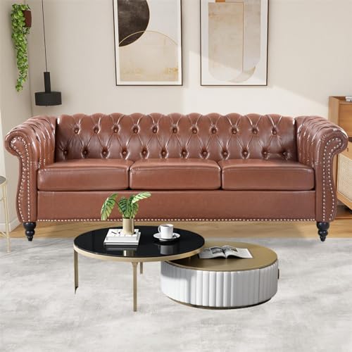 Black Faux Leather 3-seater 84in Sofa with Rolled Arm and Buttoned Chesterfield Z39955
