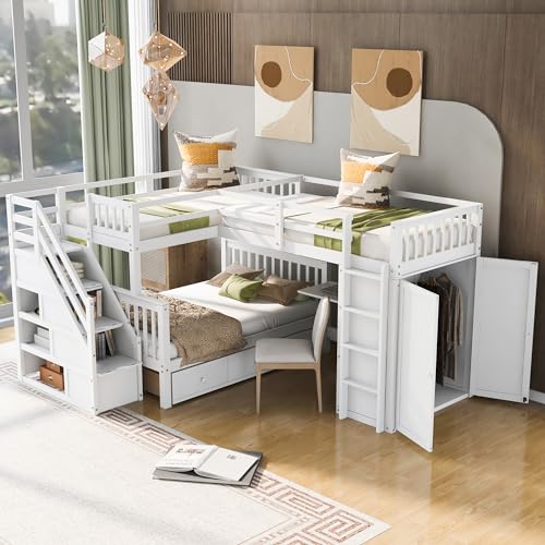 Espresso Wood Twin-Over-Full Triple Bunk Beds with Stairs, Desk, Wardrobe, Storage, Shelves and Drawers Z821