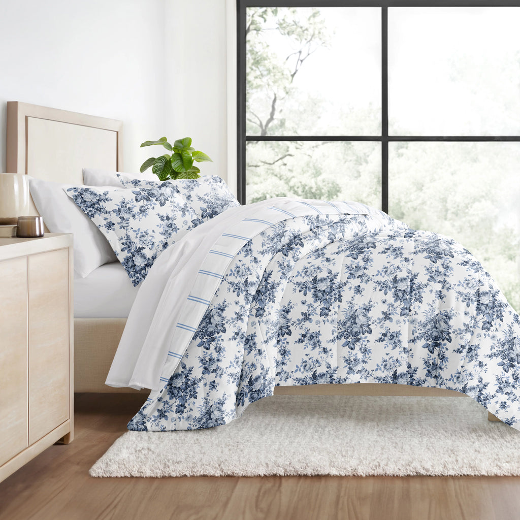 Cabbage Rose Stripe Ultra Soft Reversible Comforter Bed Set H344