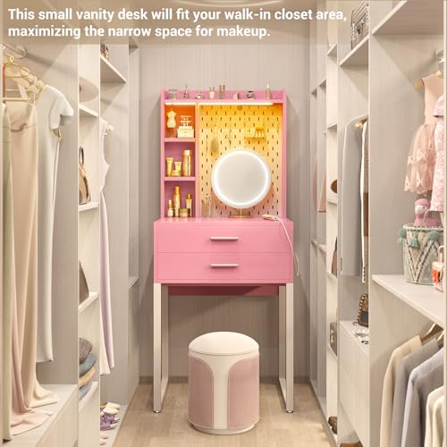 Pink Vanity Desk with Hutch and Drawers and LED Lights U2020