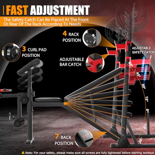 Heavy Duty Adjustable Weight Bench Set with Barbell and Squat Rack F936632