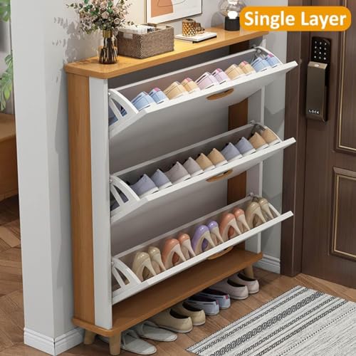 Slim Hidden Shoe Cabinet 3 Flip Drawers Wooden Tall Shoe Rack W625