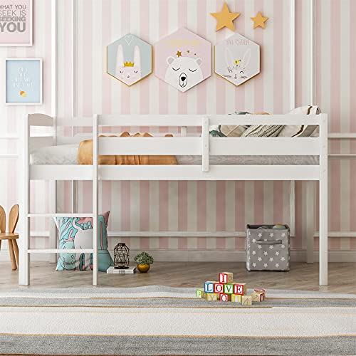 White Twin Size Wooden Loft Bed Frame with Ladder Z9031