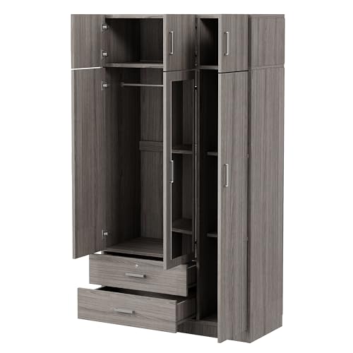 6-Door Wooden Armoire Wardrobe Closet with Mirror, 2 Drawers, 1 Hanging Rod Z242