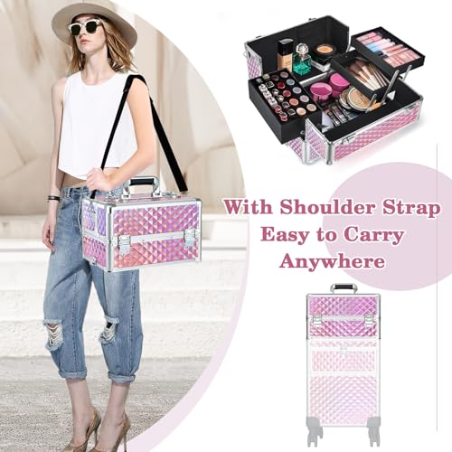 Rolling Makeup Train Case with 360° Swivel Wheels Keys V164