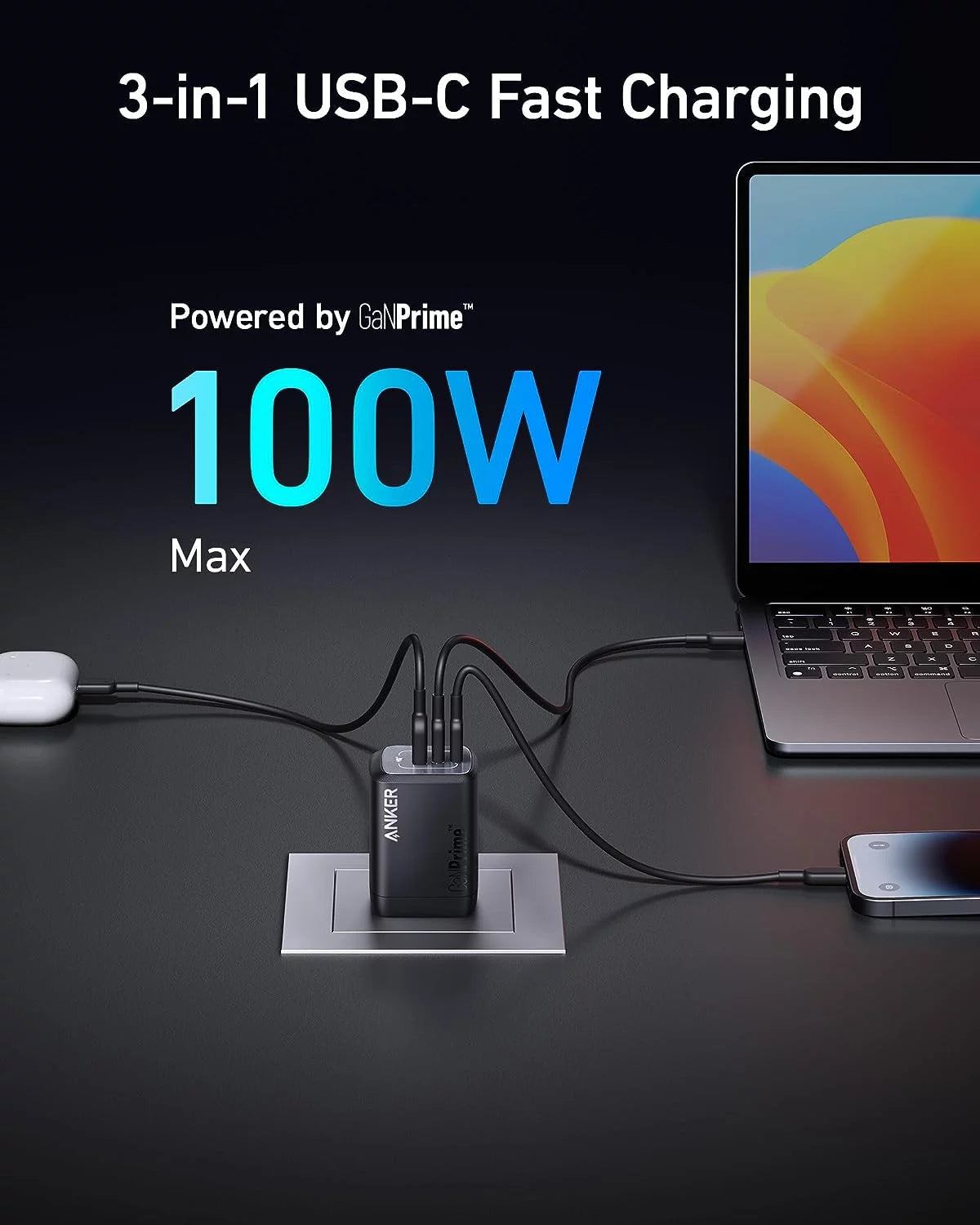 100W USB C GaN Wall Charger, 3-Port Compact Fast Charger Y6922