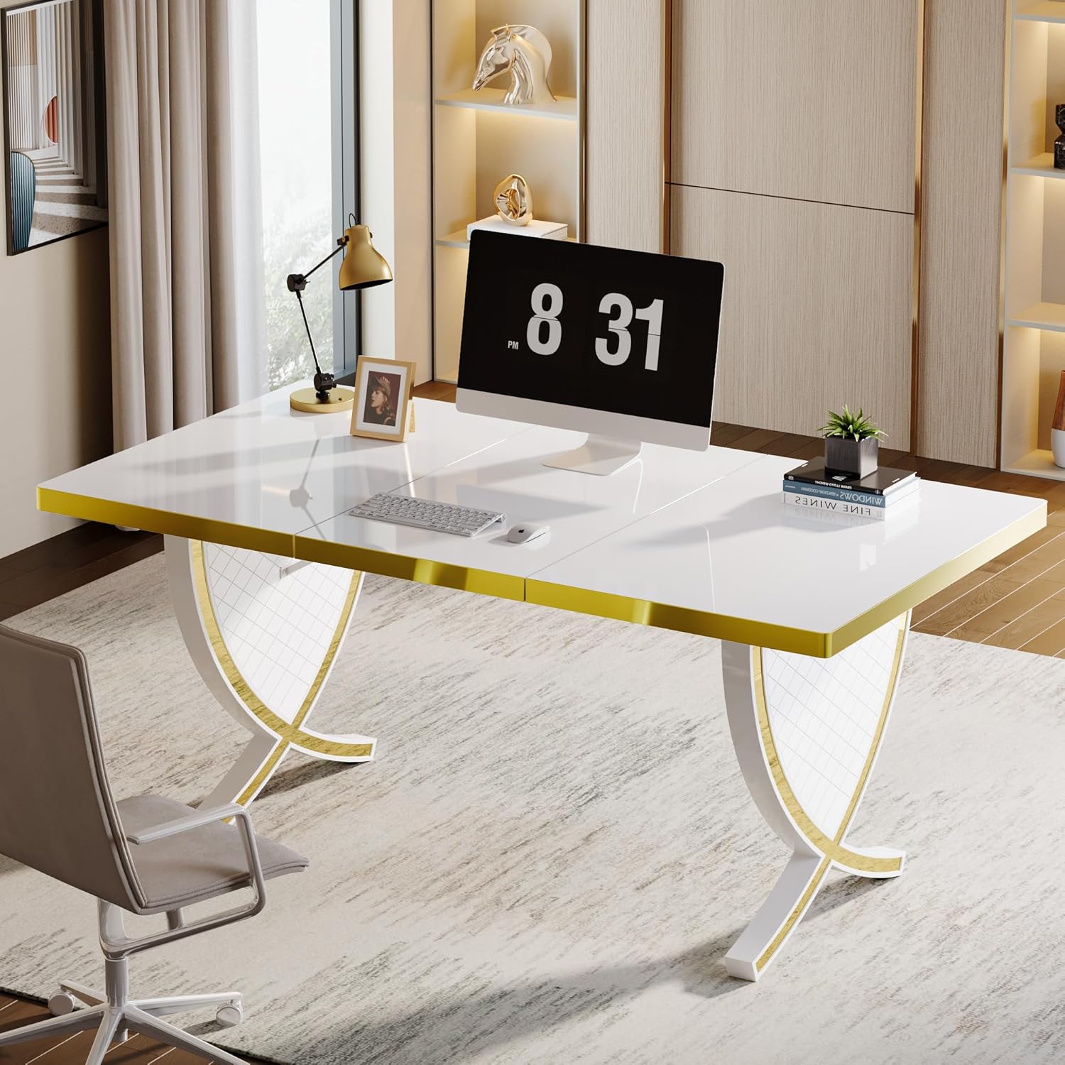 White & Gold 63" Glossy Computer Desk I154