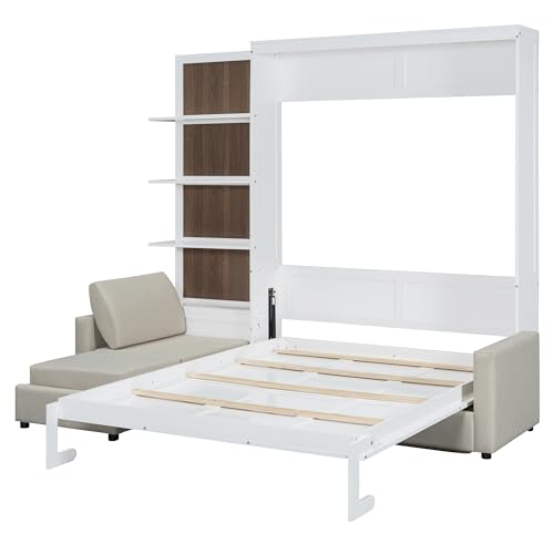 Queen Size Wooden Murphy Bed with Shelves and L-Shape Sofa W29030