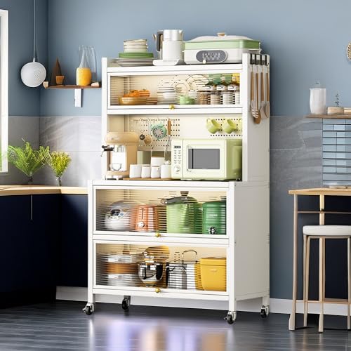 White Metal Microwave Cart with Storage and Doors X124765