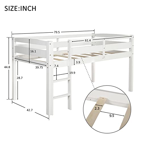 White Twin Size Wooden Loft Bed Frame with Ladder Z9031