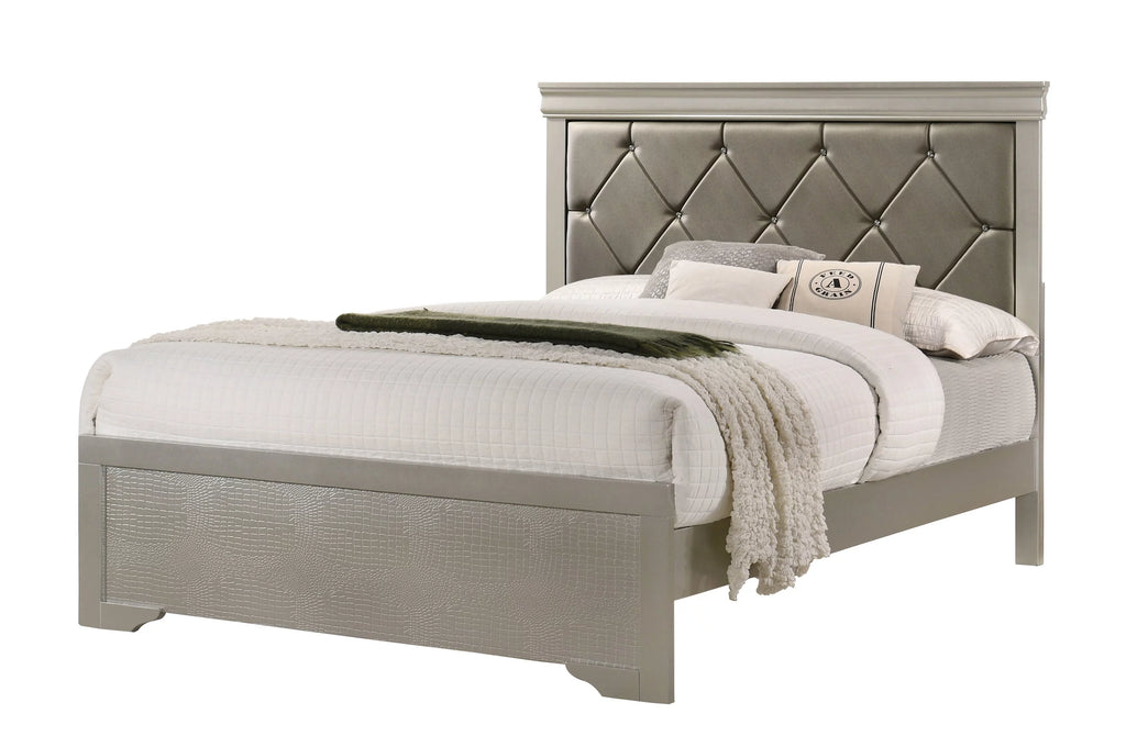 Silver Finish Queen Size Upholstered Button Tufted Headboard Bed Nightstand Set V3356
