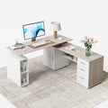 White Frame Light Walnut Top Electric Height Adjustable L Shaped Standing Desk with 3-Drawer File Cabinet C46217