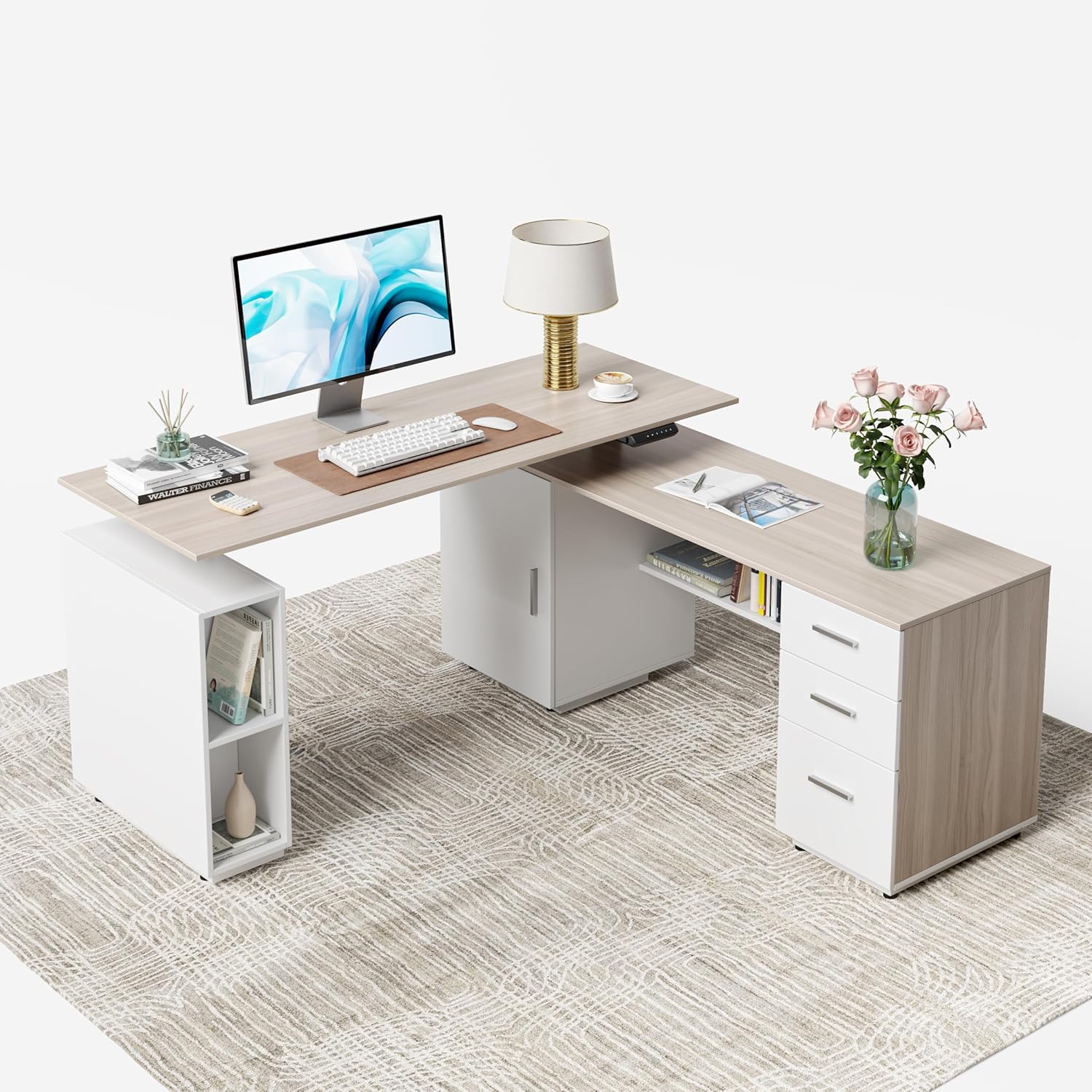 White Frame Light Walnut Top Electric Height Adjustable L Shaped Standing Desk with 3-Drawer File Cabinet C46217