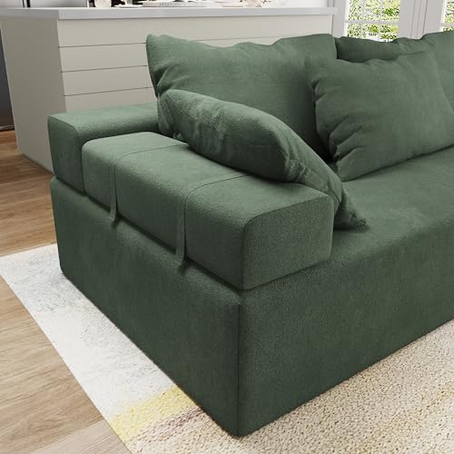 Green Chenille L-Shaped Sectional Sofa with 6 Pillows L679881