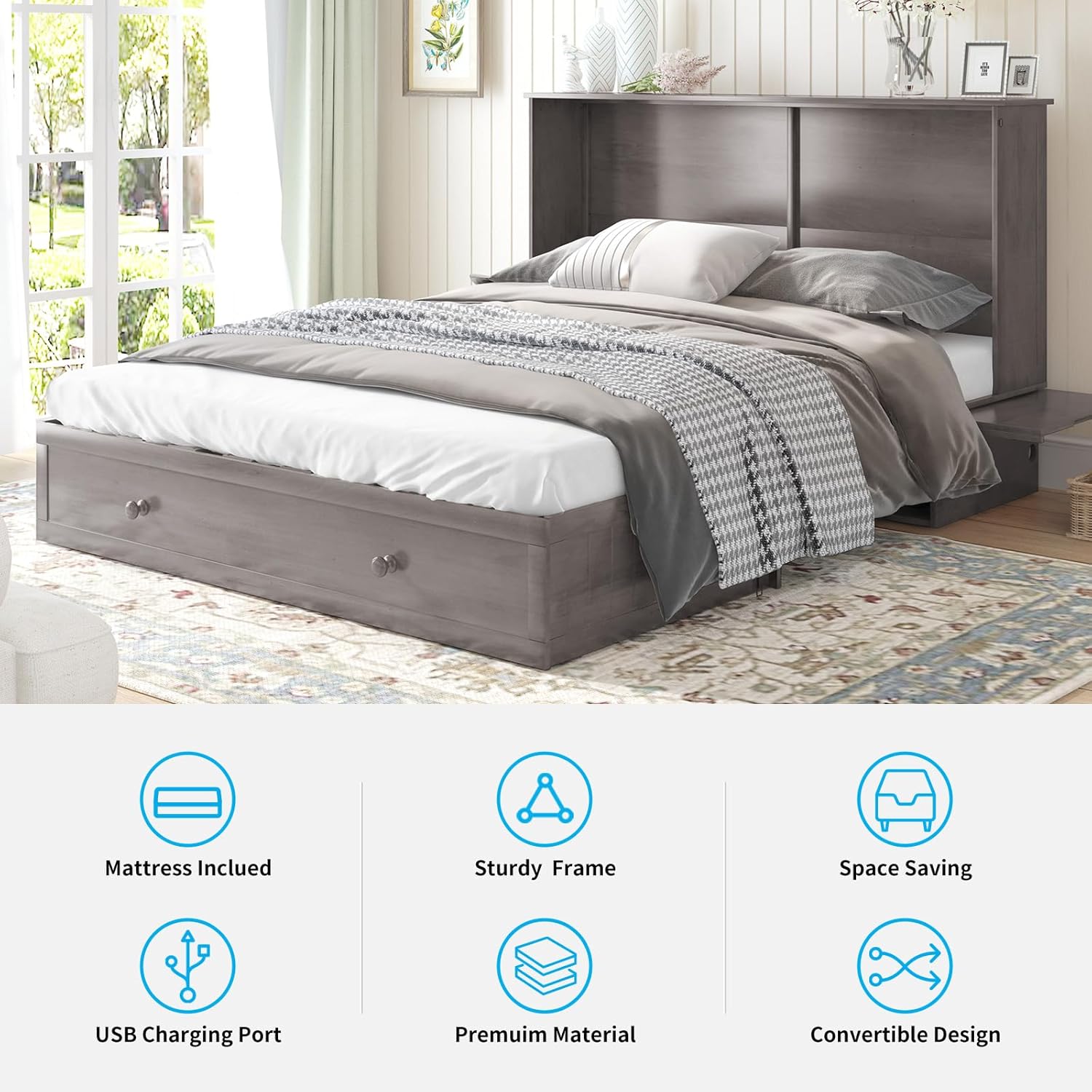 Queen Size Grey Murphy Bed with Foldable Foam Mattress N9888