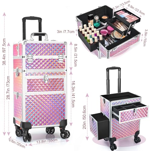 Rolling Makeup Train Case with 360° Swivel Wheels Keys V164