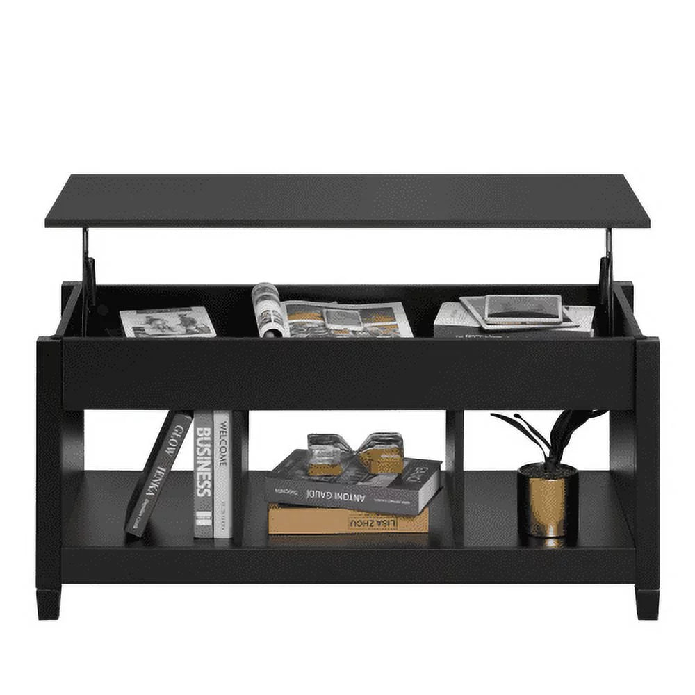 Black Lift Top Coffee Table with Storage Compartment and Open Shelves L24619