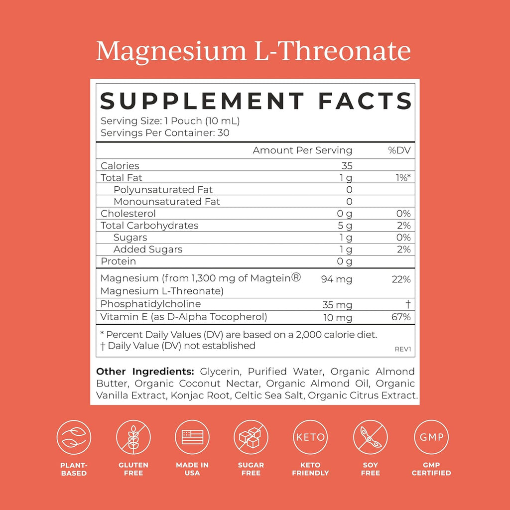 Magnesium L-Threonate 1300mg Supplement, Vanilla Creme, 30 Day Supply I6649
