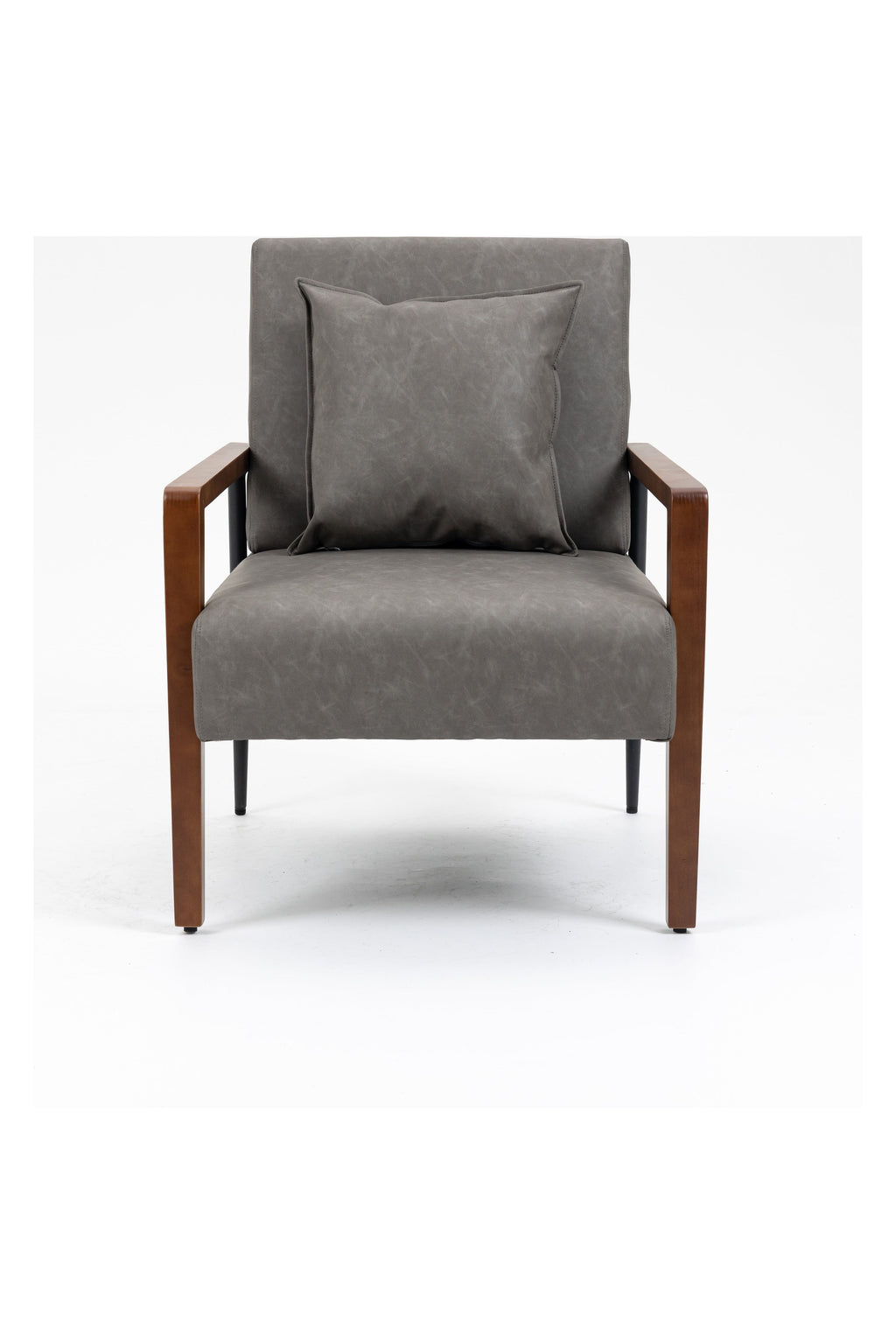 Brown Leather Armchair with Solid Wood Armrest and Removable Cushions A331