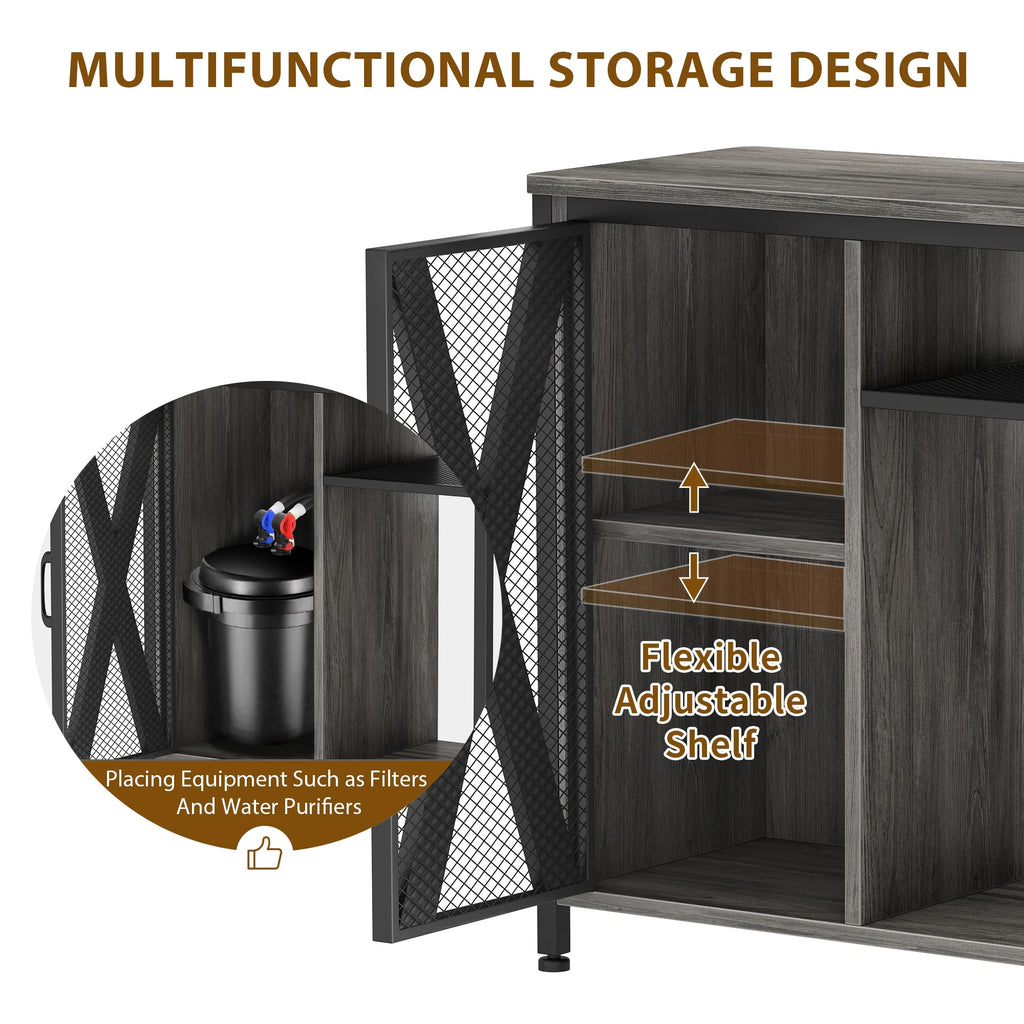 Gray & Black Metal Fish Tank Stand with Cabinet W41491