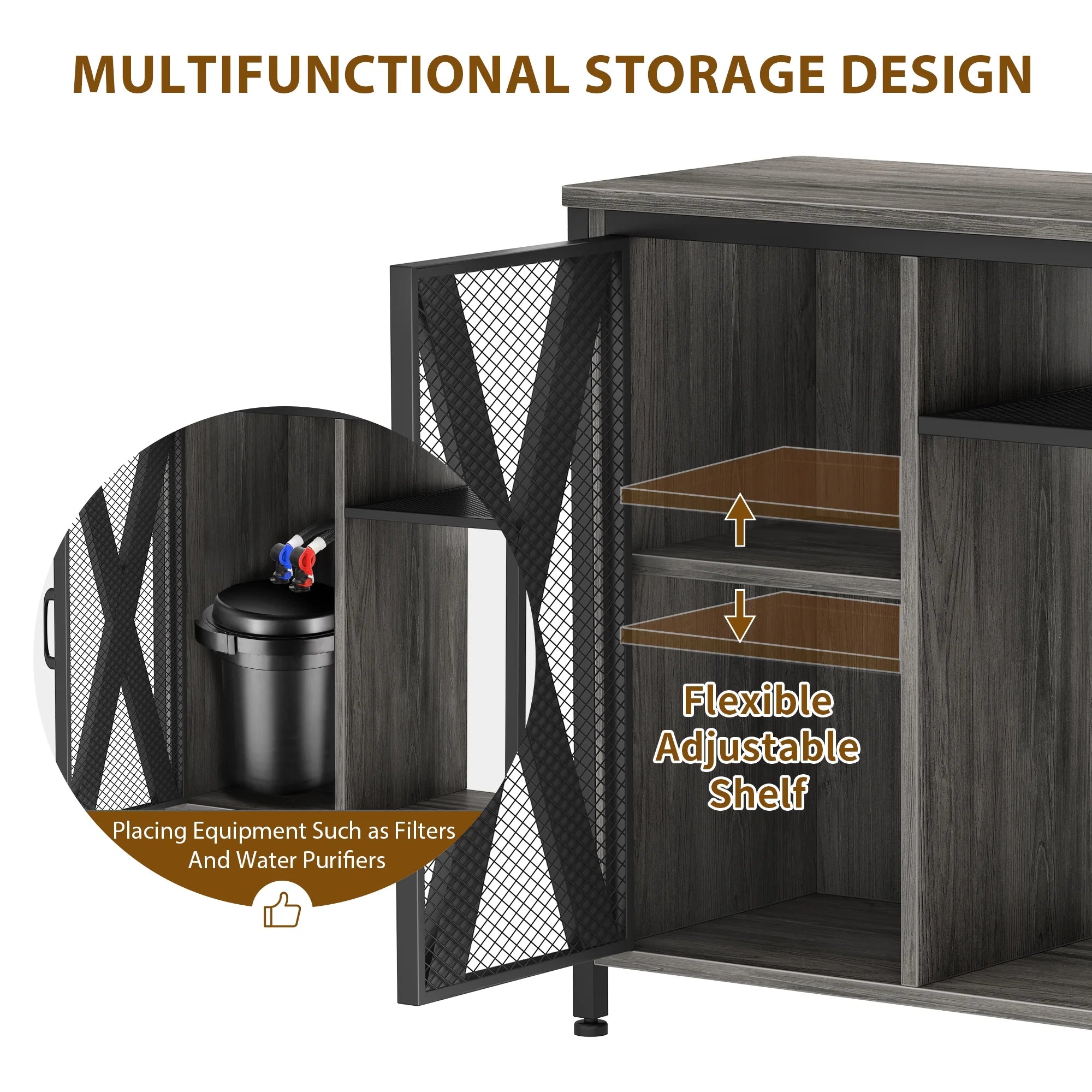 Gray & Black Metal Fish Tank Stand with Cabinet W41491
