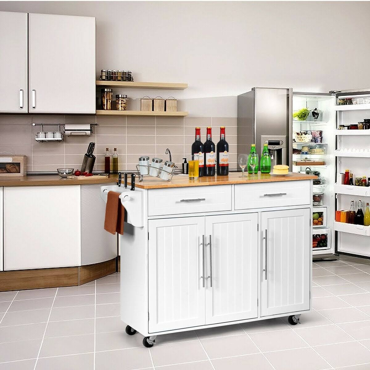White Wood Top Rolling Storage Cabinet S4728