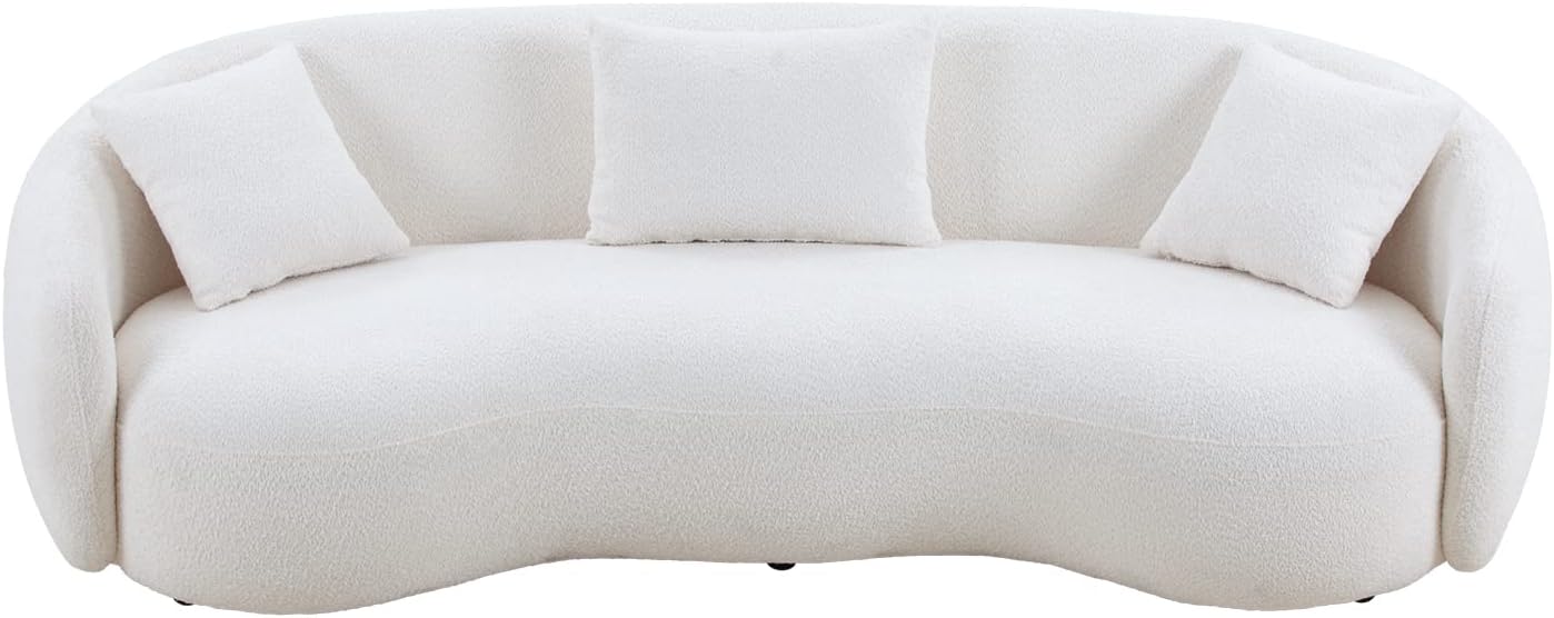 Beige Boucle Upholstered 4-Seat Curved Sofa with 3 Throw Pillows N45670