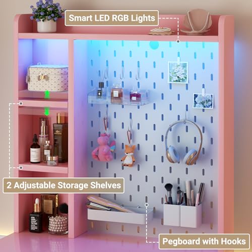 Pink Vanity Desk with Hutch and Drawers and LED Lights U2020