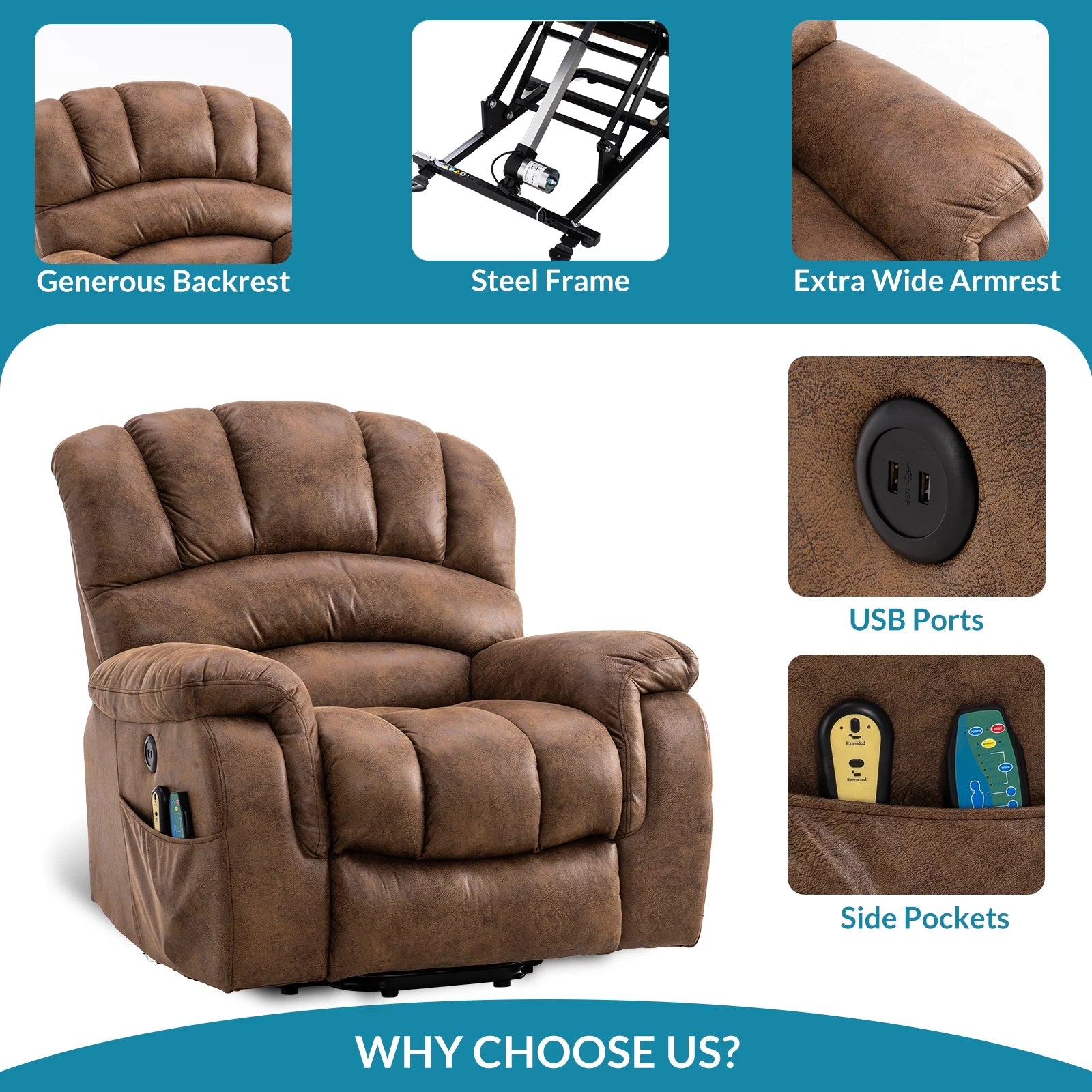 Large Power Lift Recliner Chair with Massage and Heat, Extra Wide Oversized Electric Recliner Y810600