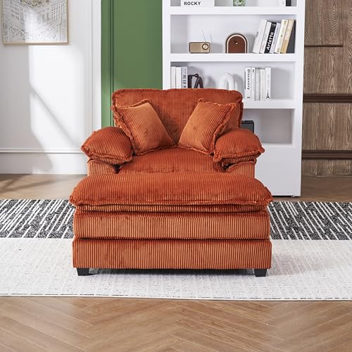 56.3" Corduroy Upholstered Oversized Chaise Lounge Chair with Ottoman & 2 Lumbar Pillows (Green) I44851