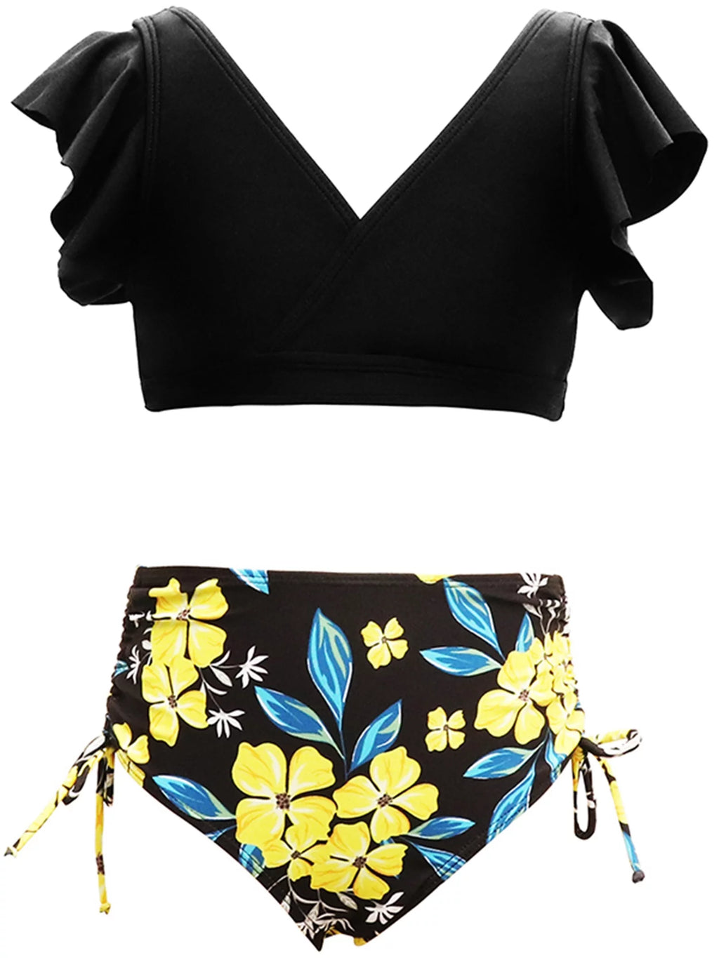 2 Piece Bikinis Set Print Fly Sleeve Tops Briefs Swimwear V774