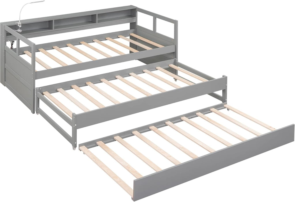 Gray Twin XL Wood Platform Daybed with 2 Trundle Beds and Storage Headboard U643767