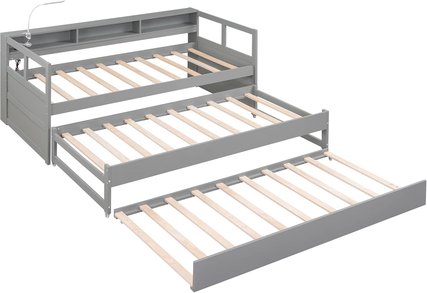Gray Twin XL Wood Platform Daybed with 2 Trundle Beds and Storage Headboard U643767