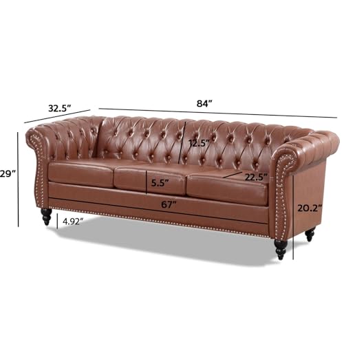 Black Faux Leather 3-seater 84in Sofa with Rolled Arm and Buttoned Chesterfield Z39955