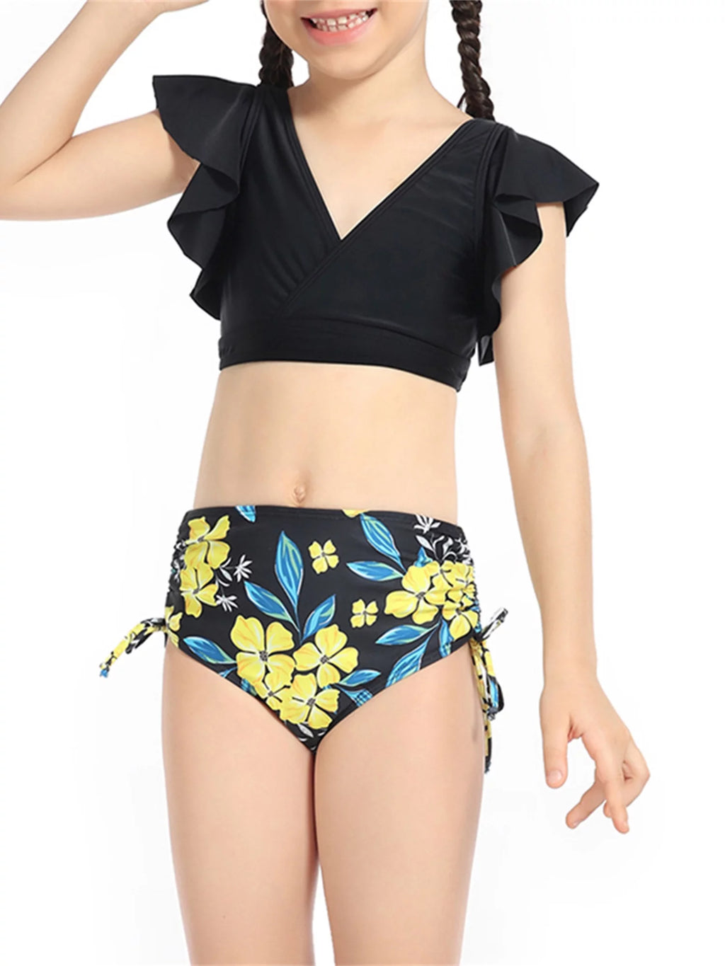 2 Piece Bikinis Set Print Fly Sleeve Tops Briefs Swimwear V774
