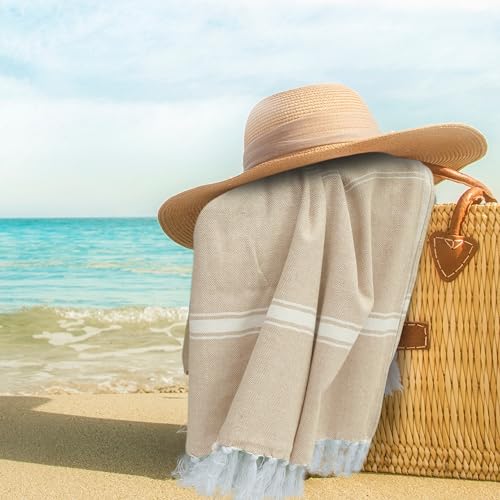 Oversized 100% Cotton Turkish Beach Towel, Pack of 2, Grey & Aqua Blue D508559